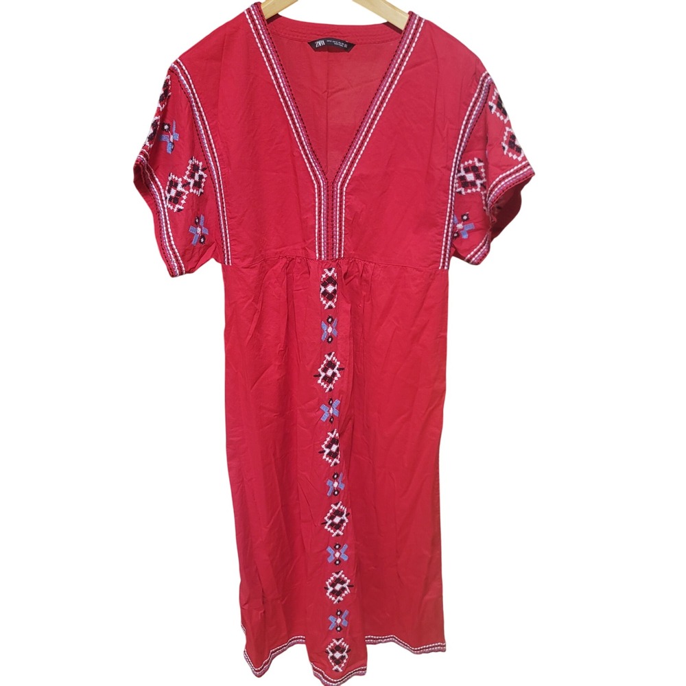 ZARA Red Embroidered V Neck Short Sleeve Midi Dress Size S